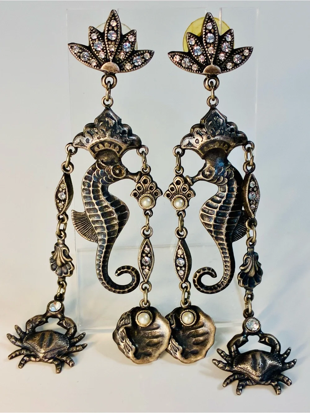 VTG Banana Bob Art Deco Style Sea Horse Dangling Chandelier Pierced Earrings EUC